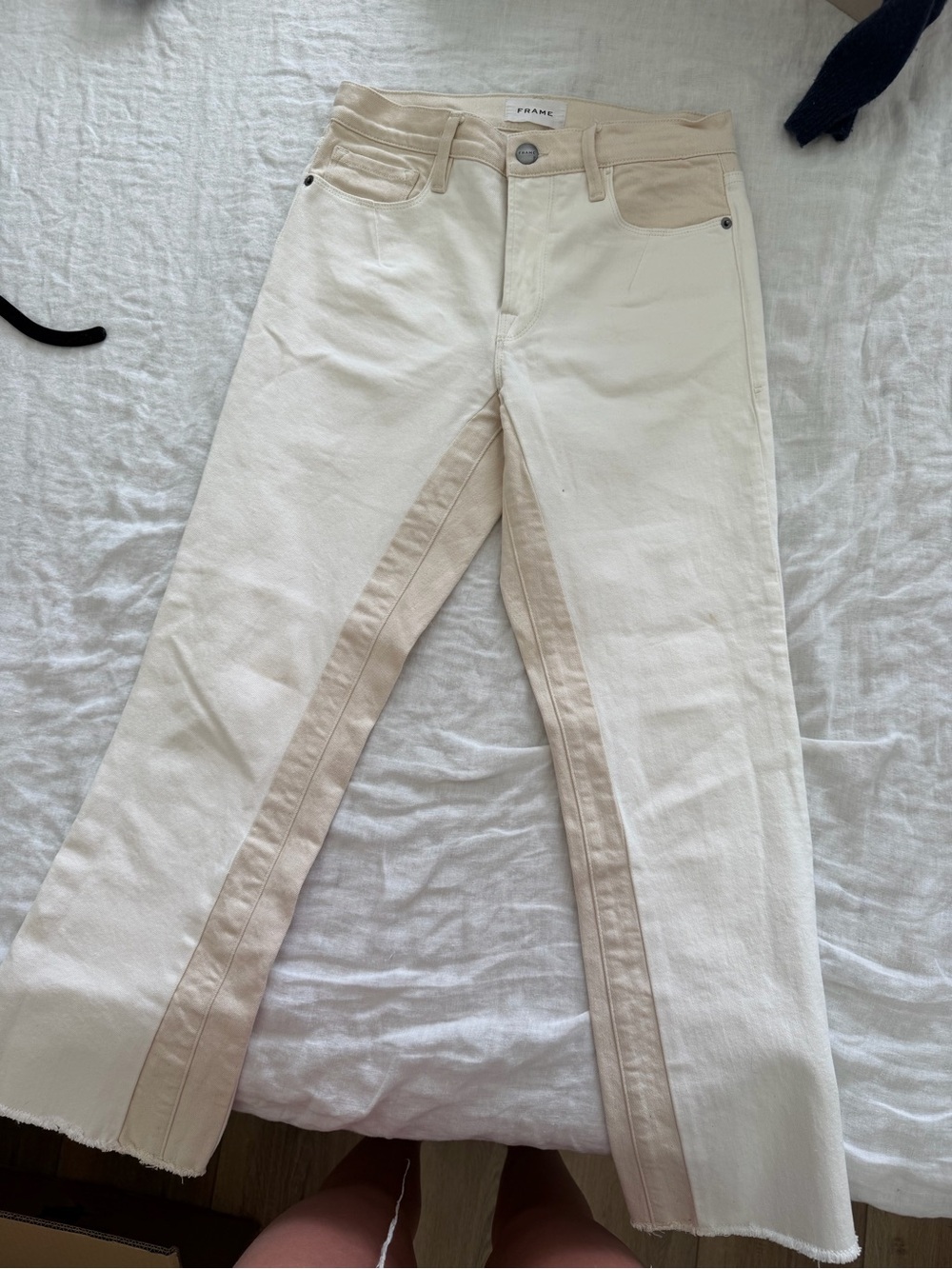 Frame Denim Two-Tone Cream and Tan Straight Jeans